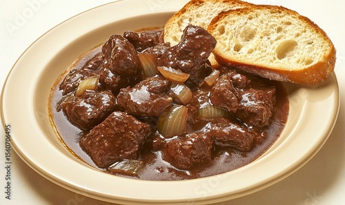 Classic carbonnade flamande stew plated with crusty bread