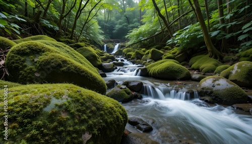 Rainforest stream running through mossy rocks with fresh green surroundings