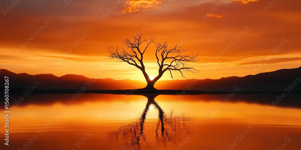 Fototapeta premium Silhouette of a desolate tree reflected on still water at sunset