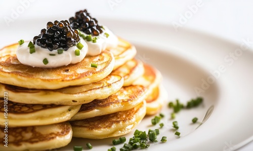 Blini stacked high with caviar and chives on a light pastel plate in studio