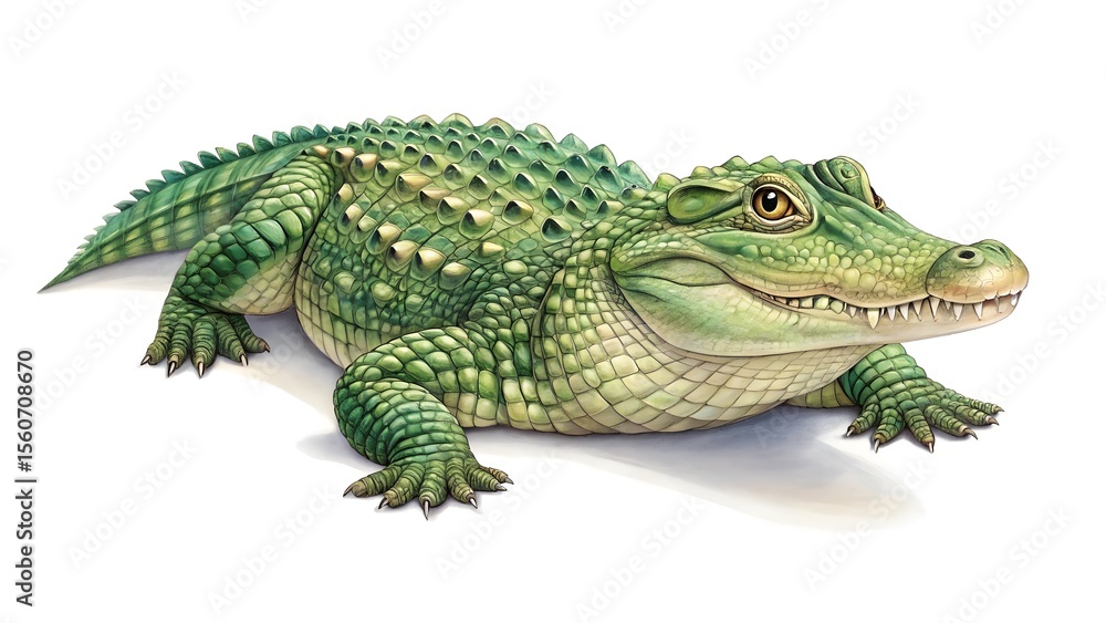 Naklejka premium Watercolor illustration of a green crocodile isolated on white background
