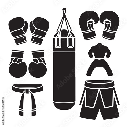 Boxing & Martial Arts Gear Vector – Gloves, Punching Bag, Uniform, Belt & Shorts Icons