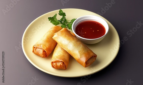 Three crispy thai spring rolls with sweet chili dipping sauce