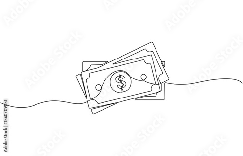 Continuous line, one banknote with dollar symbol in the center, money, financial business illustration, Minimal hand drawn line vector white background editable stroke.