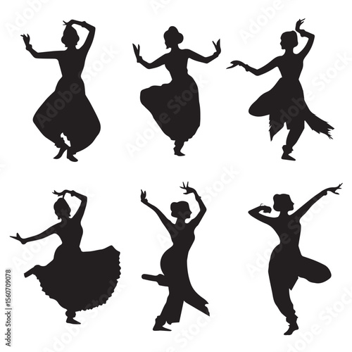 bharatanatyam dancer silhouette set, Black & White silhouette set