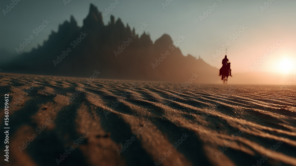 Fototapeta premium A lone rider silhouette journeys across a vast desert, casting long shadows in the orange glow of sunrise.