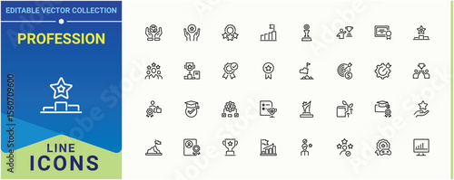 Profession related icon set. Containing business, achievement, grow, job career, growth and more. Achievement linear icon collection. Modern vector UI icons. Editable stroke.