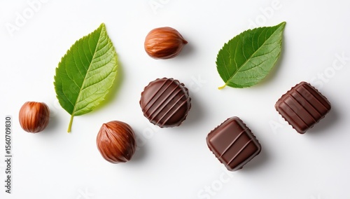 Dark chocolate truffles and hazelnuts with leaves