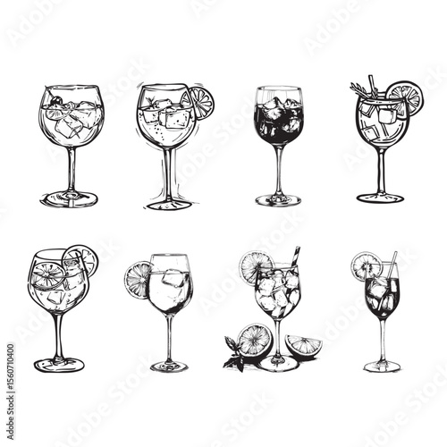 Aperol Spritz cocktails bar doodle icon set