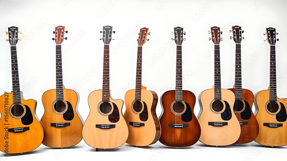 Naklejka premium Six acoustic guitars arranged in a row on white, professional and clean composition.