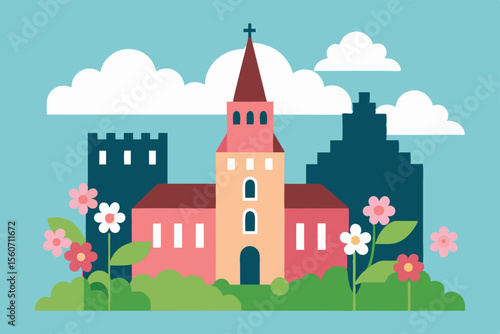 Charming Church in a Spring Bloom Peaceful Village Illustration