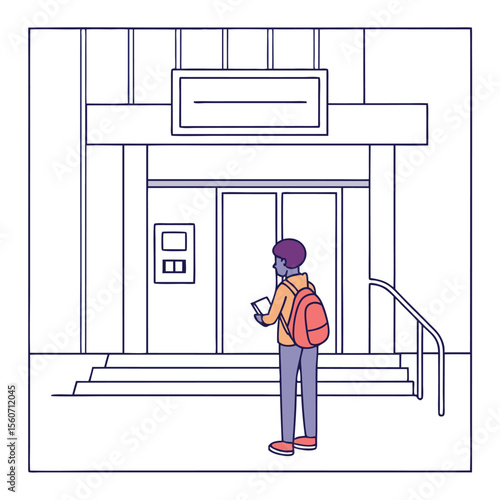 Student with backpack arriving at school entrance holding a phone and paper