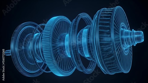 Rotating Turbine Engine Wireframe Blueprint Visualization