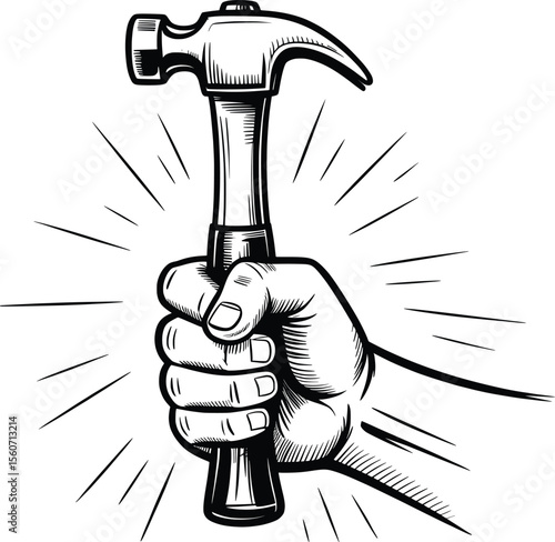 Strong Hand Holding Hammer Vector, Vintage Black and White Power Tool Illustration.

