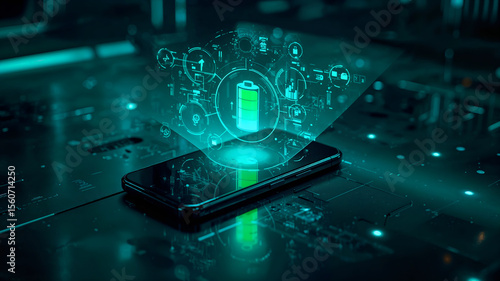 Wallpaper Mural Futuristic Smartphone Hologram Displaying Battery Technology and Energy Data Torontodigital.ca