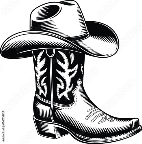 Intricate black and white illustration of a cowboy hat resting on a detailed cowboy boot