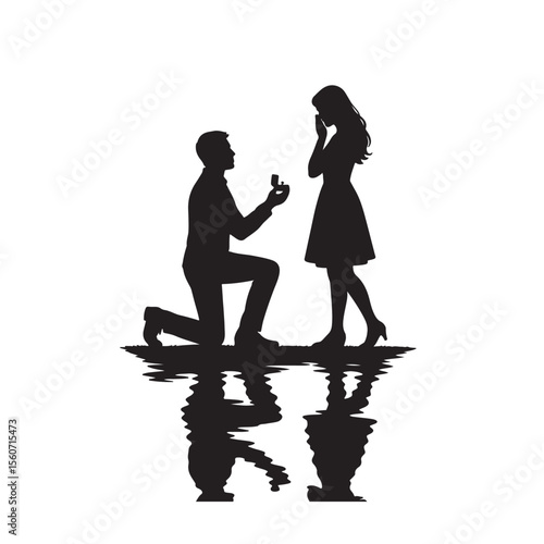 Romantic Marriage Proposal Silhouette with Reflection - Man Kneeling to Woman with Engagement Ring - Love and Commitment Vector Illustration