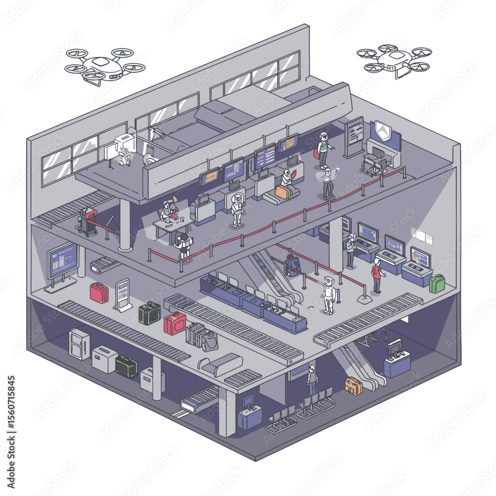 Multilevel building interior view showing humans robots luggage moving through a modern techintegrated setting Multilevel building interior view showing humans robots luggage moving through a modern techintegrated setting