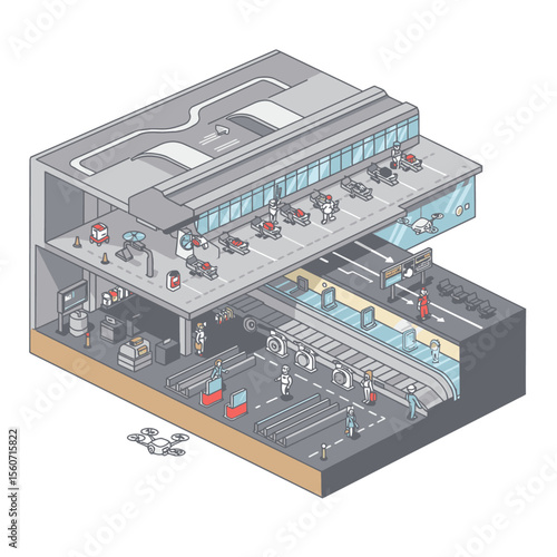 Pixelated airport rendering with robots and humans in a cutaway isometric view