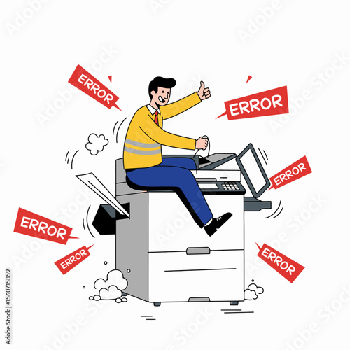 Man on a printer amidst ERROR signs giving a thumbsup