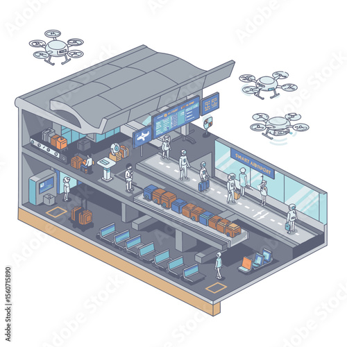 Isometric view of a smart airport with robots luggage conveyor belts information screens and hovering drones