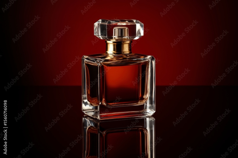 Elegant perfume bottle with amber liquid on a reflective surface lit well Elegant perfume bottle with amber liquid on a reflective surface lit well