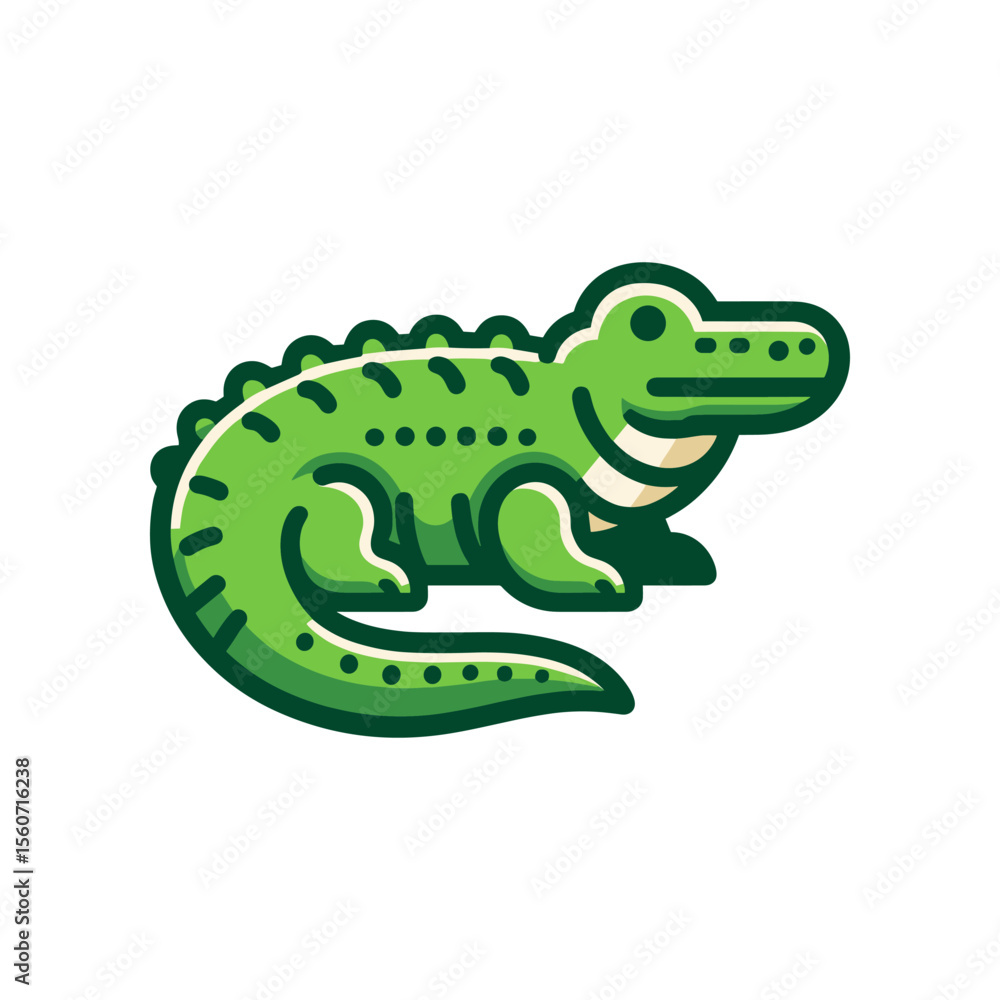 Fototapeta premium Cartoon crocodile illustration in vibrant green color, showcasing a playful pose on a white background