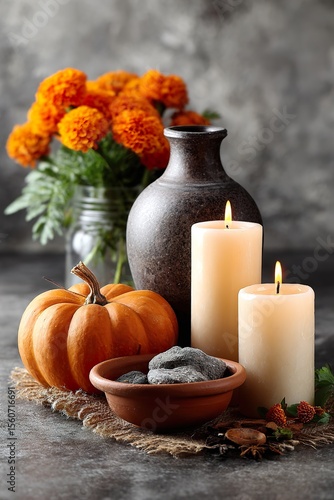 Vibrant Mexican Day of the Dead Altar Decorated with Cempasúchil and Candles