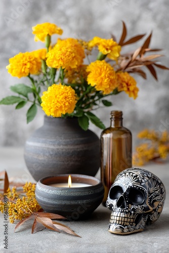 Day of the Dead Altar with Marigolds, Candles, and Traditional Offerings