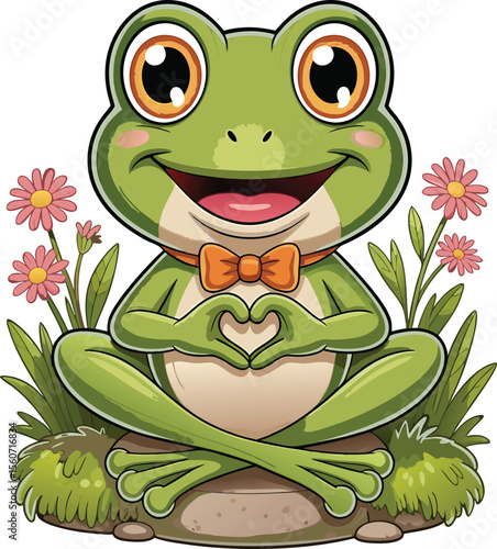 Smiling cartoon frog with bow tie making a heart shape with paws