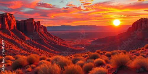 Arizona sunset, rocky desert valley, vibrant colors, morning light, vector illustration, dry, arid