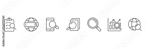Search thin line icons set. Containing SEO, Digital marketing, data analysis, management, investigate, find and more. Magnifying glass, find, zoom icon. Vector illustration.