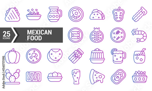 25 Purple & Blue Line Icons for Mexican Food Designs.