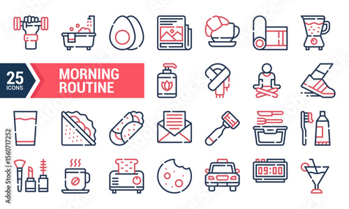 25 Line Icons Representing a Busy Morning Routine.