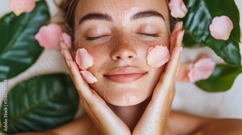 Fototapeta Naklejka Na Ścianę i Meble -  Woman enjoying a facial treatment with rose petals and leaves while relaxing at a spa during a peaceful afternoon