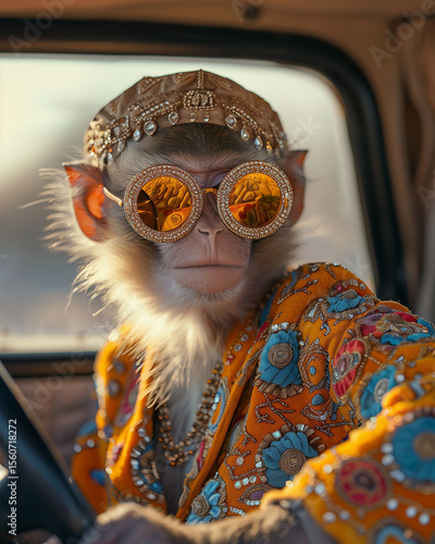 Close-up of a fashionable monkey in a retro suit and glasses driving a car, a stylish image with a touch of sarcasm and creativity