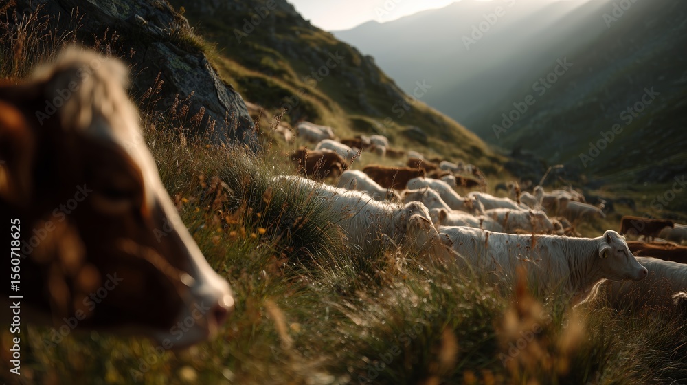 Fototapeta premium Herd of cows peacefully grazing on a green hillside surrounded by mountains during a serene sunset, capturing rural tranquility.