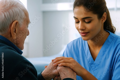 Wallpaper Mural Young woman gently holding elderly man s hands in hospital room. Concept of healthcare support, compassion, caregiving, nurse patient connection, aging with dignity, medical care Torontodigital.ca