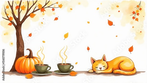 A hand drawn water color illustration of a cozy autumn, hallo ween pumpkin , hallo ween pumpkin on a table ,cat and pumpkin