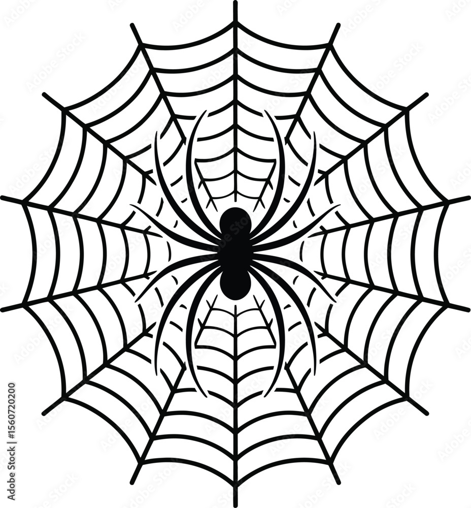 Obraz premium Symmetrical Spider Web with Central Spider – Black Vector Icon