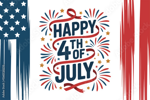Firework burst with ribbon and american flag themed brush design for fourth of july independence day print  
