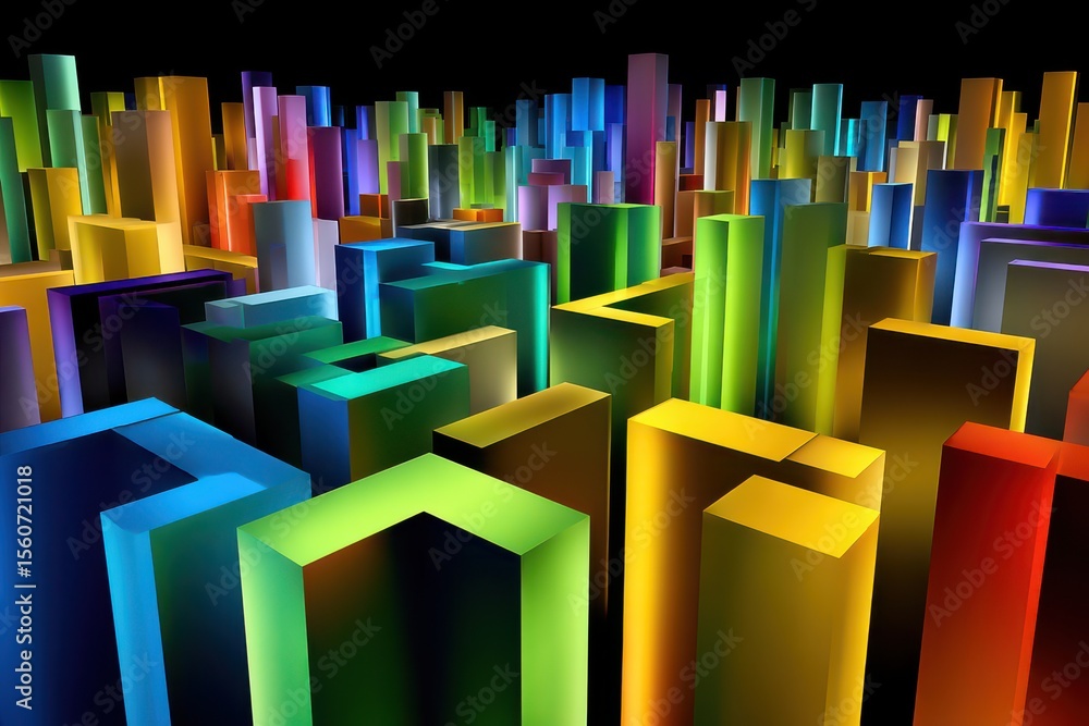 Fototapeta premium Vibrant cityscape of colorful geometric shapes illuminated in a night setting