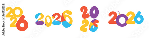 Happy New Year 2026, hand-drawn set of colorful inscriptions, typographic compositions. Cute rounded letters, a Christmas ball instead of a number
