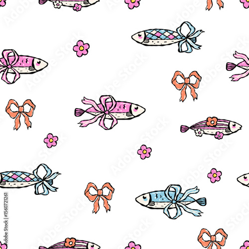 Seamless pattern sardine and coquette bow. Vector illustration