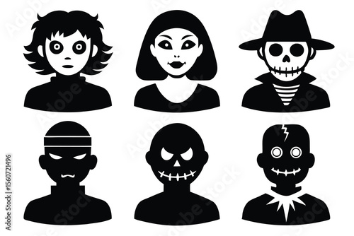 Halloween character silhouettes with spooky zombie and vampire faces
