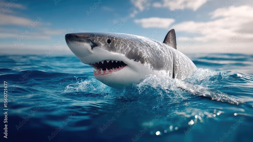 Fototapeta premium White shark emerging from ocean