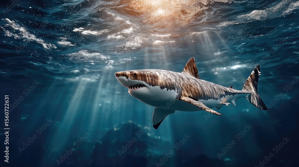 Fototapeta premium White shark underwater sunlight