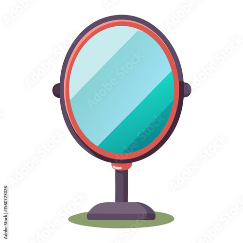 A round vanity mirror with a coral-colored frame and dark purple stand, featuring a reflective surface and adjustable positioning for makeup or grooming purposes.