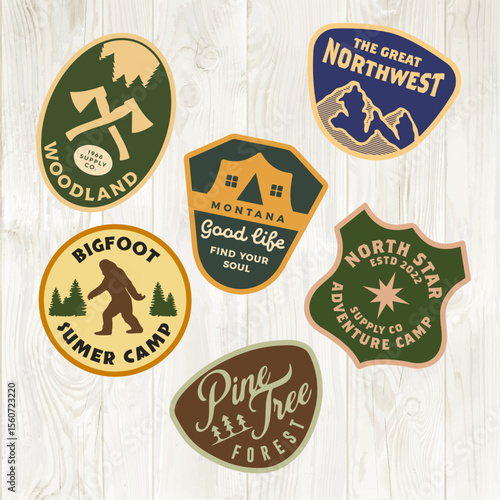 mountain adventure hipster logos. Set of Vintage Outdoor mountains Summer Camp badges or Patches. vector emblem designs. Great for shirts, stamps, stickers logos and labels.