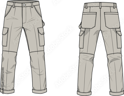 
Technical flat sketch of men's carpenter pants with utility pockets and hammer loop, ideal for workwear, casual apparel design, and pattern making.